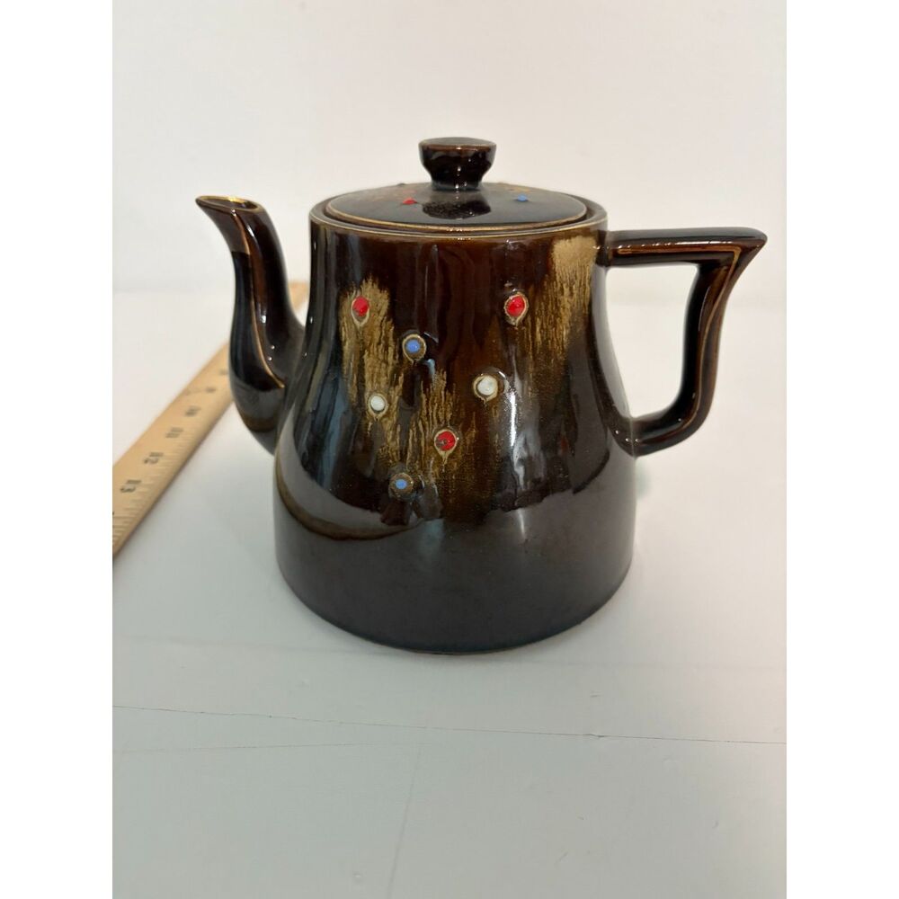 vtg. tilso Japan Hand Painted brown  ceramic teapot with jeweled accents